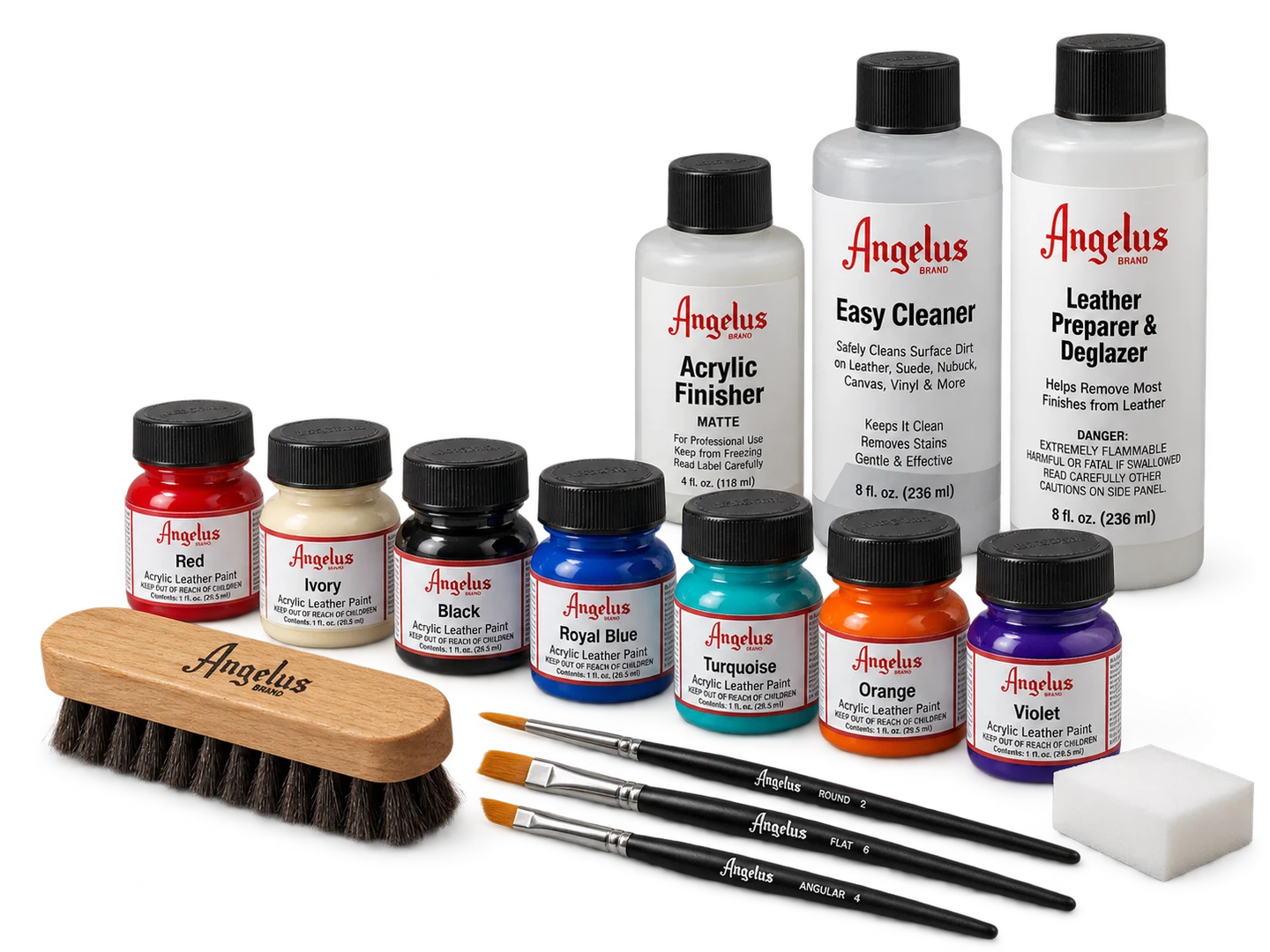 Selección de pinturas, limpiadores, acabados y herramientas Angelus